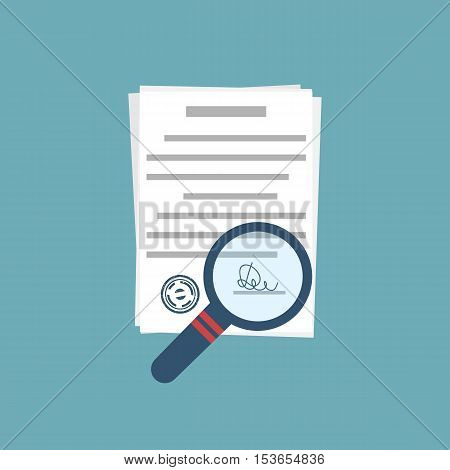 Magnifier and paper document. Vector illustration flat design.