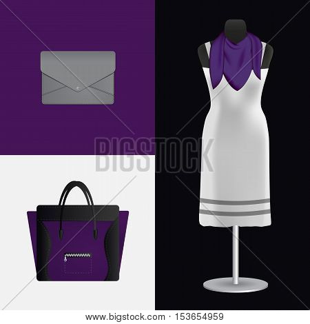 Vector illustration. Look-book classical image or business style. A dress on a mannequin, bag and clutch.
