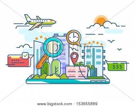 Booking reserve and search hotel for travel leisure. Vector illustration