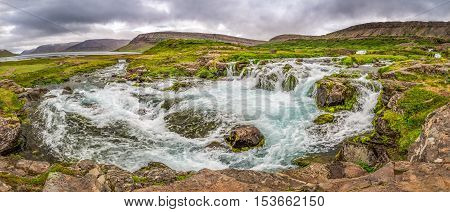 Panorama Of Mountain River Flowing Into The Lake In Iceland