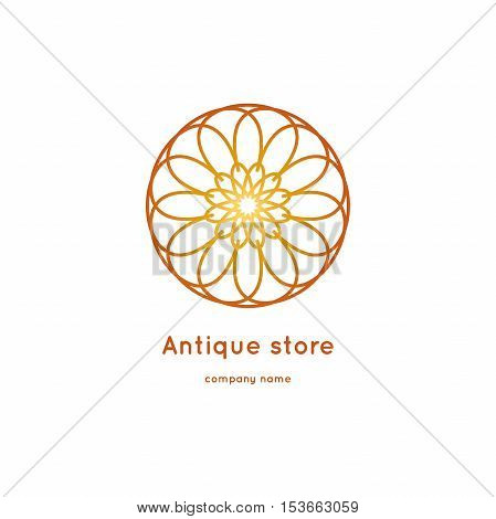 Luxury logotype for antique store. Ornamental vector symbols. Volumetric golden big bud. Isolated abstract colorful vector logo. Vector vintage mandala logo. Kaleidoscope flower.