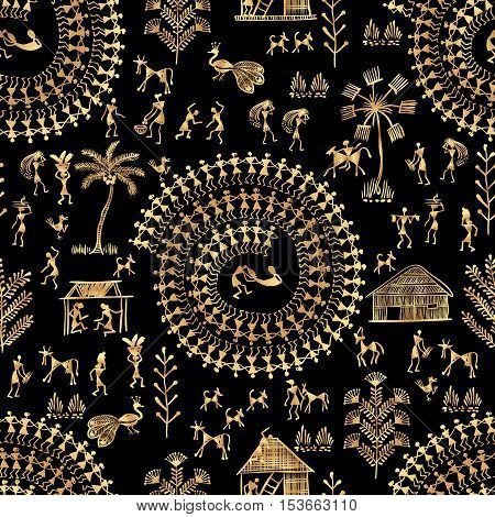 Warli painting seamless pattern - hand drawn traditional the ancient tribal art India. Rudimentary Technique depicting rural life of the inhabitants of India. Gold on a black background