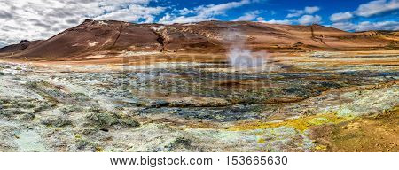 Panorama Of Sulfur And Steam Namafjall Landscape In Iceland