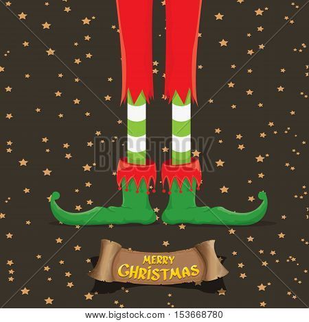 vector creative merry christmas greeting card with cartoon elfs legs, old vintage paper ribbon or banner and greeting handdrawn calligraphic text Merry christmas. Vector merry christmas background