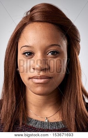 Portrait of real black african woman with no expression ID or passport photo full collection of diverse face and expressions