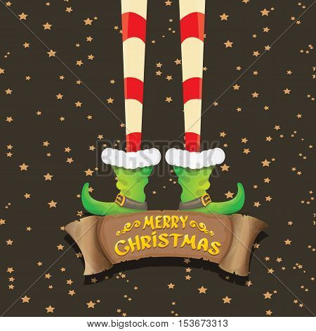 vector creative merry christmas greeting card with cartoon elfs legs, old vintage paper ribbon or banner and greeting handdrawn calligraphic text Merry christmas. Vector merry christmas background