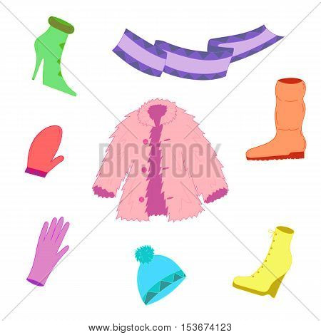 Hand Drawn Colorful Winter Clothes Isolated on White. Cute shoes on high heel scarf mitten glove and fur coat. Vector illustration.