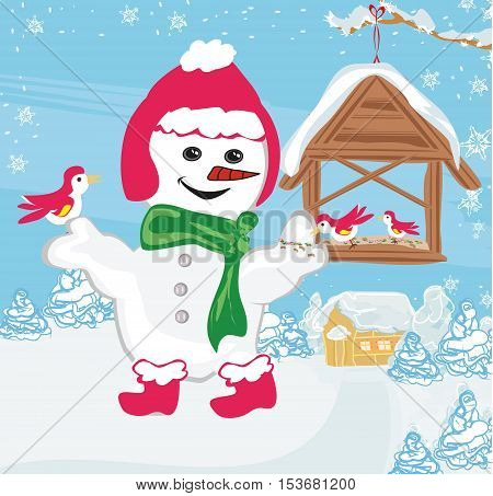 snowman feeds the birds on winter landscape , vector illustration
