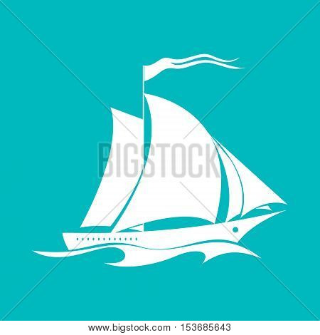 Yacht on the Waves, Sailing Vessel Isolated on Green Background, Travel Concept ,Vector Illustration