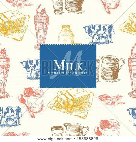 Vector illustration colorful seamless pattern with dairy products. Different sorts of dairy products