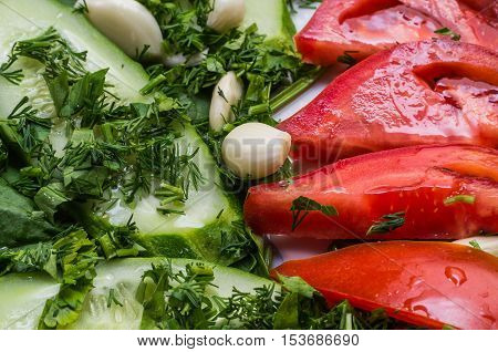 Mixed salad with fresh vegetables: tomatoes lettuce cucumbe red onion garlic dill parsleyclose up.