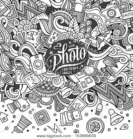 Cartoon cute doodles hand drawn photo illustration. Line art detailed, with lots of objects background. Funny vector artwork. Sketch picture with photography theme items. Square composition