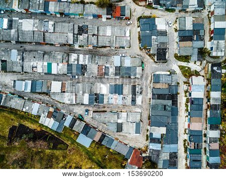 Aerial view - roofs of the old garages from high