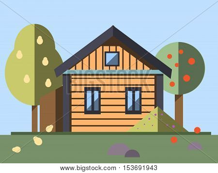 A house whith garden. Part of the rural landscape. Vector illustration in flat style.
