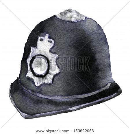 watercolor sketch of british police helmet on white background