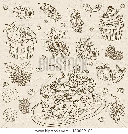 Set of chalk sketch hand drawn, in sketch style, food and spices, old paper textured background.  Set with desserts: cake, cupcake, berries, currants, cream. Hand drawn vector illustration.