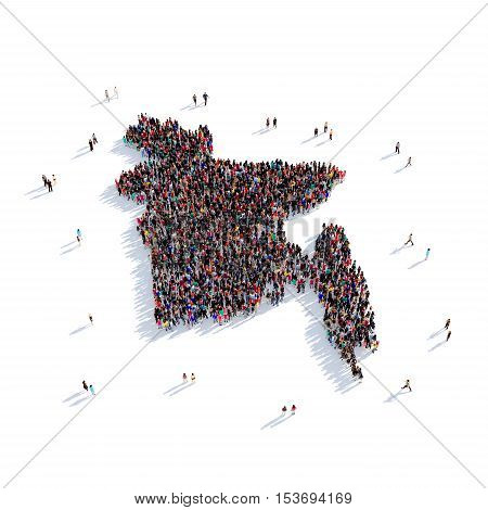 Large and creative group of people gathered together in the form of a map Bangladesh, a map of the world. 3D illustration, isolated against a white background. 3D-rendering.