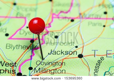 Covington pinned on a map of Tennessee, USA
