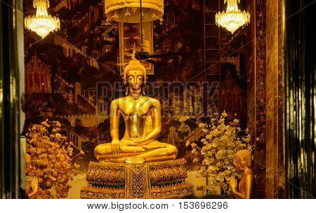 Bangkok, Thailand - December 6, 2015: Golden Buddha statues in a Thai Buddhist temple Wat Phra Borommathat Maha Chedi Bangkok Thailand.