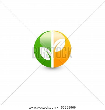 Isolated abstract green and orange color round shape logo. Leaf logotype. Natural cosmetics icon. Eco system element. Organic products sign. Healthcare emblem. Vector leaf illustration