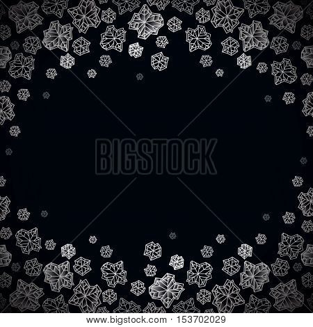 Horizontal border frame. Winter polygonal trendy style snowflakes on black white background. Winter holidays snowfall concept winter label. Snowflake vector illustration stock vector.