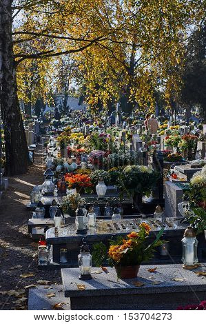 Cemetery with tombstones during the autumn Poland
