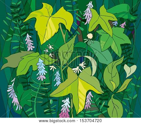 The background is completely covered with grass pattern. Different shades of green and purple-blue