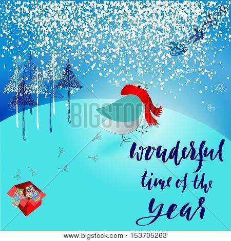 Santa Claus brought a bad gift. Angry bird dissatisfied Christmas gift. A pair of mittens. Christmas lettering. Wanderful time of the year