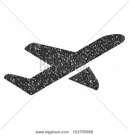 Takeoff rubber seal stamp watermark. Icon symbol inside rounded rectangular frame with grunge design and scratched texture. Unclean vector gray ink sign on a white background.
