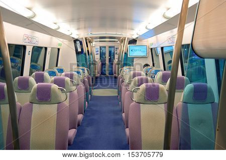 HONG KONG - 06 MAY, 2015: inside the Airport Express. The Airport Express is one of the lines of the Hong Kong MTR system.