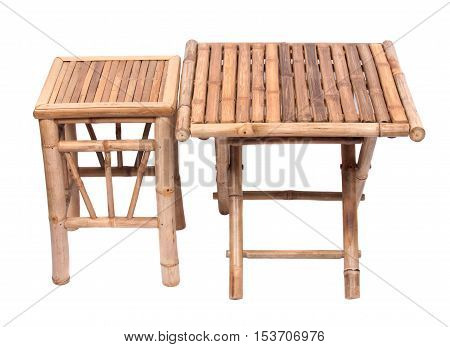 Natural bamboo folding table with chair  isolated on white background