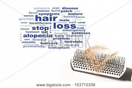 Close-up of hair loss, long hair, alopecia on white background with brush, comb nobody