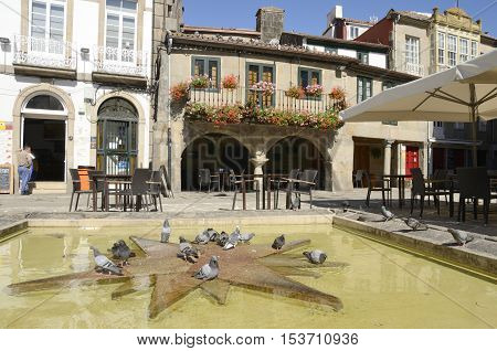 PONTEVEDRA, SPAIN - AUGUST 6, 2016: Doves on pond in picturesque plaza of the city of Pontevedra Galicia Spain.