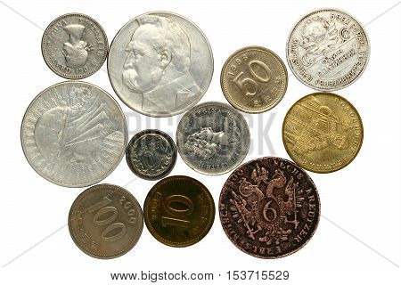 COINS OF DIFFERENT COUNTRIES: KOREA СANADA RUSSIA POLAND UKRAINE ON A WHITE BACKGROUND