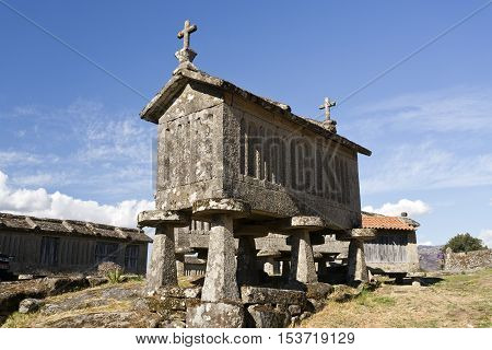 Detail of the communitarian granaries called espigueiros in the village of Lindoso Peneda National Park Northern Portugal