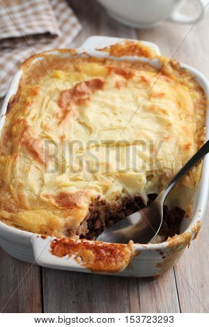 Cottage pie in a rustic baking dish
