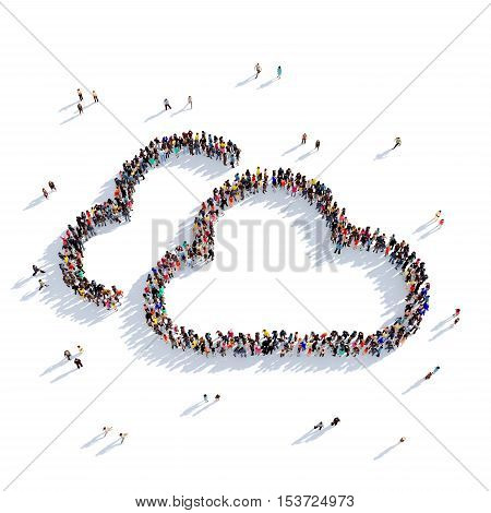 Large and creative group of people gathered together in the shape of a cloud, weather phenomena. 3D illustration, isolated against a white background. 3D-rendering.