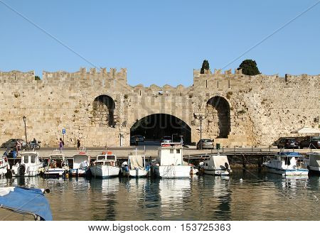 Old gates Askold fortress of Rhodes. Greece