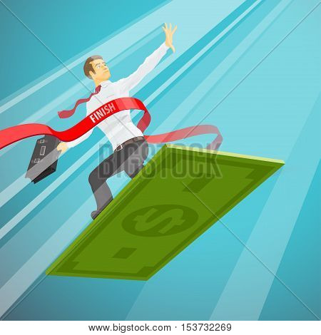 Happy businessman riding on a dollar a success rays crosses the finish line. Vector illustration in flat cartoon style isolated from the background