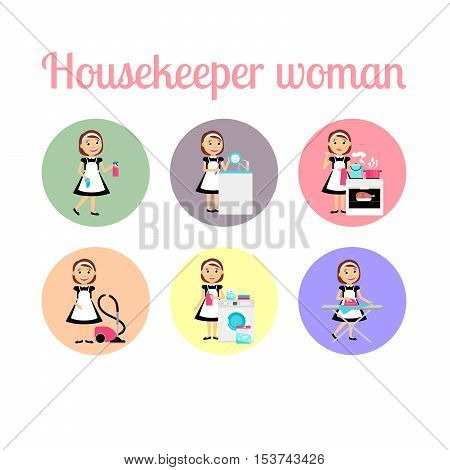 Housekeeper woman make housework. Circle icons vector set