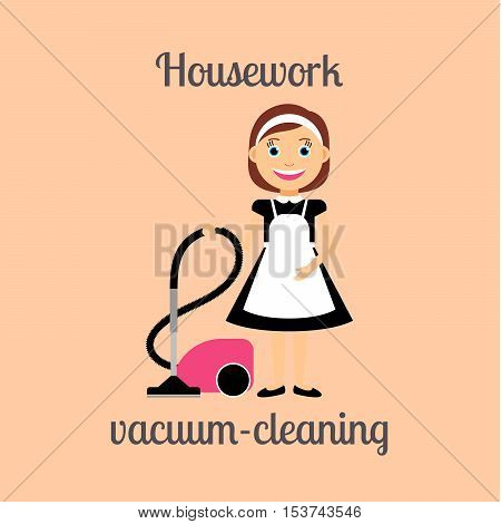 Housekeeper woman make housework. Vacuum-cleaning vector illustration