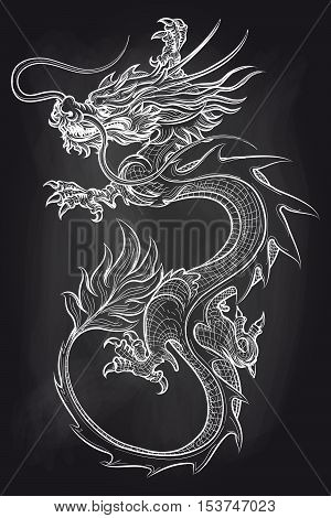 Chinese dragon on chalkboard backdrop. Hand drawn dragon vector illustration