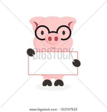 cute flat pig character with hand holding banner