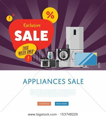 Household appliances discount season sale banner vector illustration. Sale tag, discount symbol, retail sticker. Advertisement campaign on kitchen electro technics. Exclusive offer. Special price