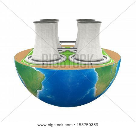 Half Globe with Nuclear Power Plant isolated on white background. 3D render