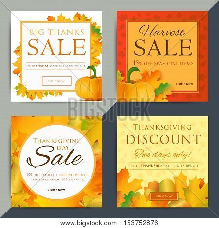 Set of creative social media sale web banners design for online shop or store. Fall holiday vector ad. Trendy vector offer or clearance advertisement.