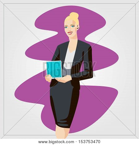 Vector business finance illustration with woman showing tablet in the office. Comic style artwork
