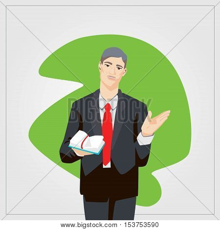 Vector business finance illustration with man working with diary for project management or teaching. Comic style artwork