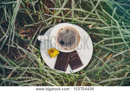 Cup of coffee with chocolate on the frozen grass covered with frost