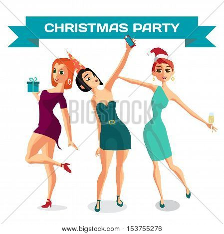 Young women in costumes for the Christmas party. Vector flat cartoon illustration isolated on a white background